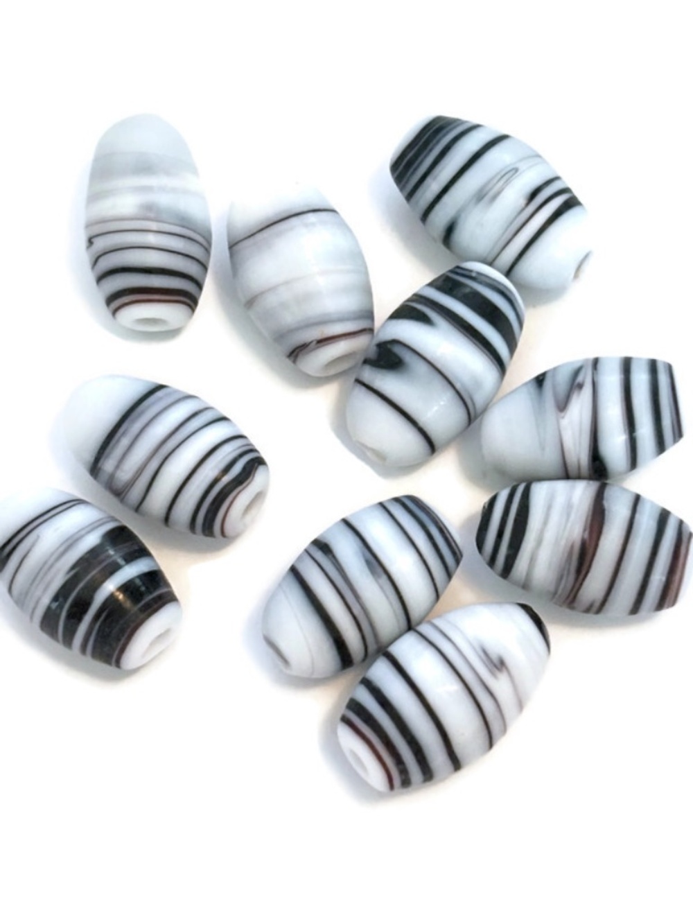 As Low As $2 Black and White Olive Swirl Handmade Lampwork Beads 13mm x 8mm (10)